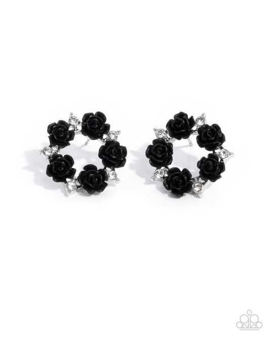 Grace Personified - Black Rosette Silver Post Earrings - Paparazzi Accessories