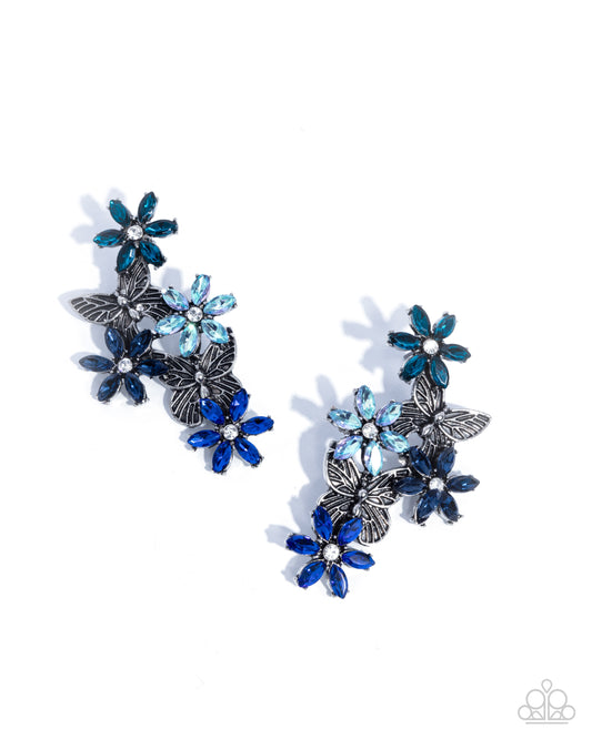 Aerial Award - Blue Multi & Iridescent Gem Flower Silver Butterfly Post Earrings - Paparazzi Accessories
