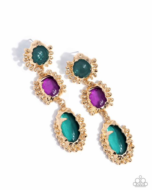 Emotional Elegance - Green & Purple Transparent Bead Gold Post Earrings - Paparazzi Accessories