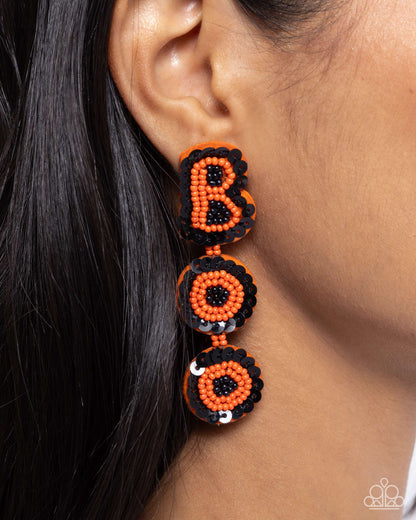 Halloween Bash - Orange Seed Bead "BOO" Post Earrings - Paparazzi Accessories