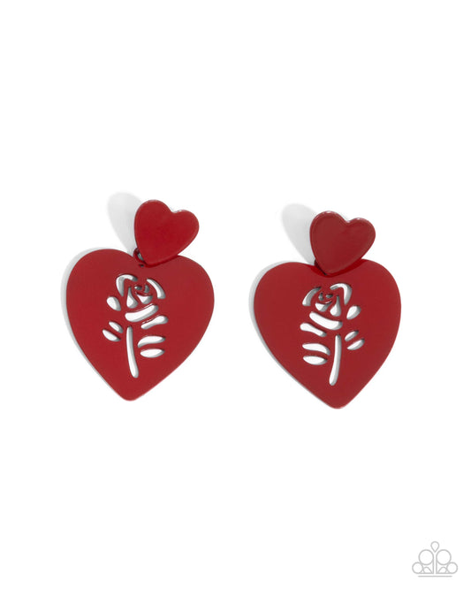 Showstopping Silhouette - Red Dipped Metal Heart & Rose Post Earrings - Paparazzi Accessories