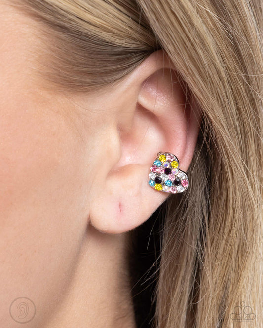 As Far As It GLOWS - Multi & Iridescent Rhinestone Heart Silver Ear Cuff Earrings - Paparazzi Accessories