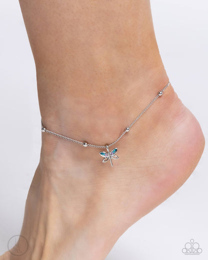 Dainty Dragonfly - Blue Rhinestone Charm Clasp Anklet - Paparazzi Accessories