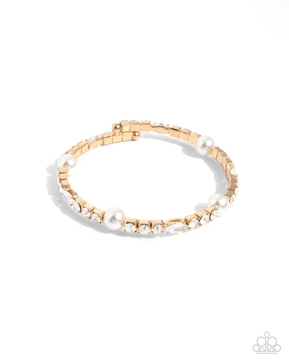 Ladylike Leader - Gold White Pearl & Rhinestone Flex Cuff Bracelet - Paparazzi Accessories