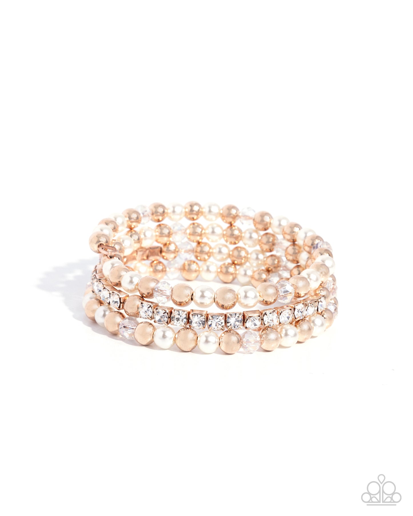 Serene Stack - Rose Gold Pearl Rhinestone Coil Bracelet - Paparazzi Accessories