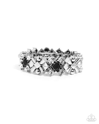 Square Service - Black Rhinestone Silver Stretchy Bracelet - Paparazzi Accessories