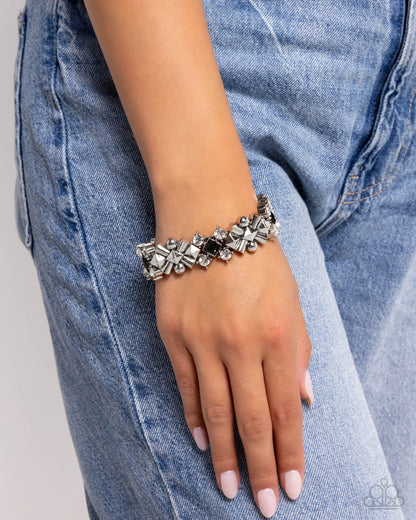 Square Service - Black Rhinestone Silver Stretchy Bracelet - Paparazzi Accessories