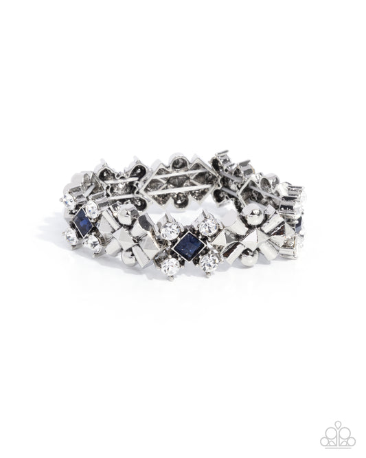 Square Service - Blue Rhinestone Silver Stretchy Bracelet - Paparazzi Accessories