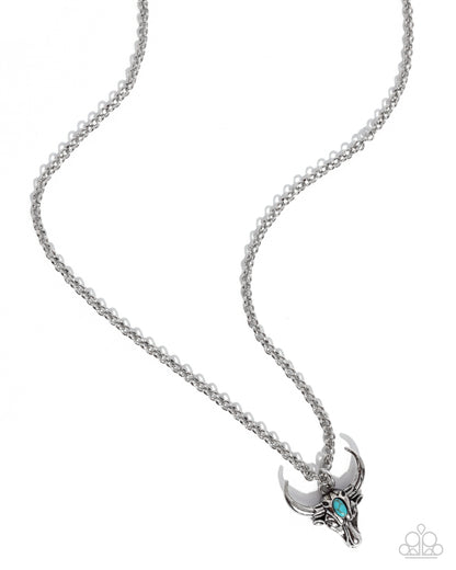 Speeding Up - Blue Crackle Stone Silver Longhorn Skull Urban Necklace - Paparazzi Accessories