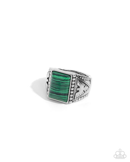 Free-Spirited Finesse - Green Striped Stone Silver Urban Ring - Paparazzi Accessories