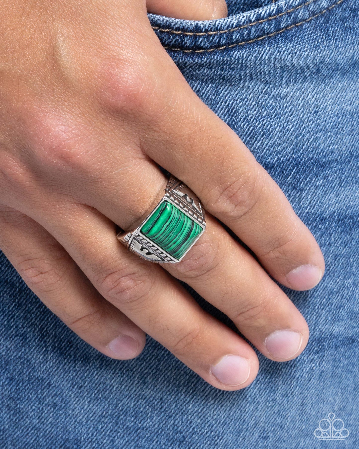 Free-Spirited Finesse - Green Striped Stone Silver Urban Ring - Paparazzi Accessories