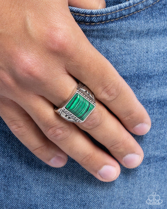 Free-Spirited Finesse - Green Striped Stone Silver Urban Ring - Paparazzi Accessories