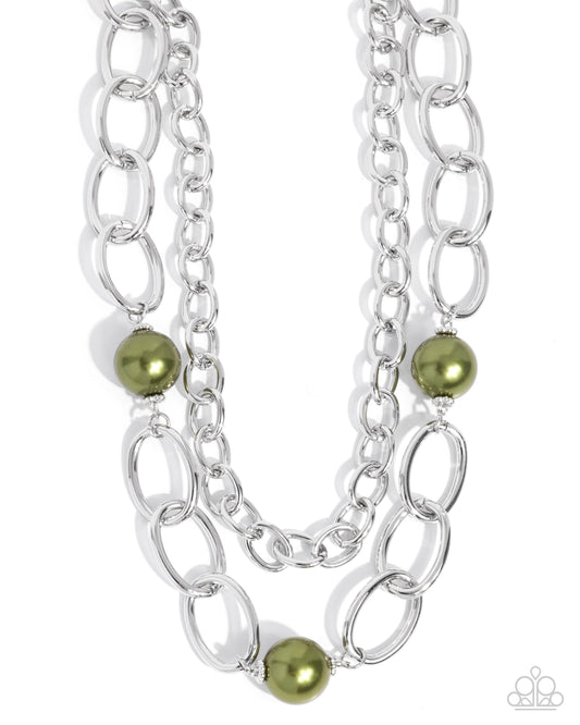 Top of My List - Green Pearl Silver Link Necklace - Paparazzi Accessories