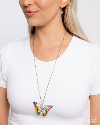 Papillon Pizzazz - Yellow, Green, Pink, & Purple Enamel Butterfly Pendant Necklace - Paparazzi Accessories