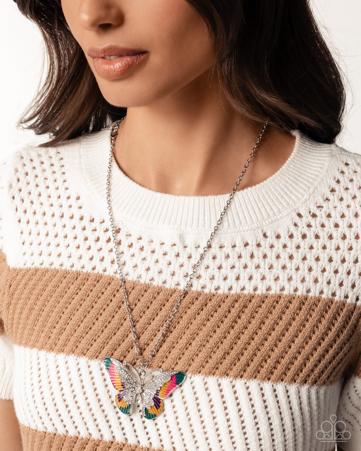 Papillon Pizzazz - Yellow, Green, Pink, & Purple Enamel Butterfly Pendant Necklace - Paparazzi Accessories