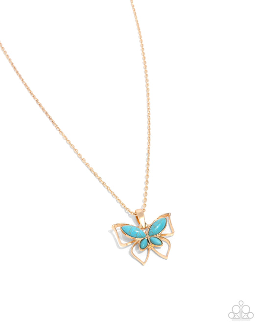 Papillon Persuasion - Gold & Turquoise Crackle Stone Butterfly Pendant Necklace - Paparazzi Accessories