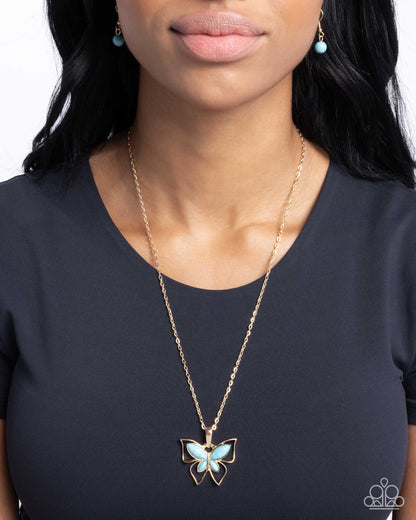 Papillon Persuasion - Gold & Turquoise Crackle Stone Butterfly Pendant Necklace - Paparazzi Accessories