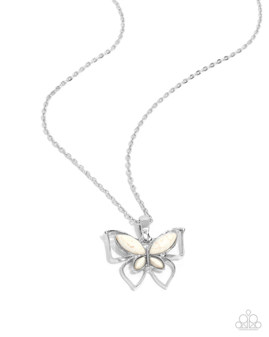 Papillon Persuasion - White Stone Butterfly Pendant Necklace - Paparazzi Accessories