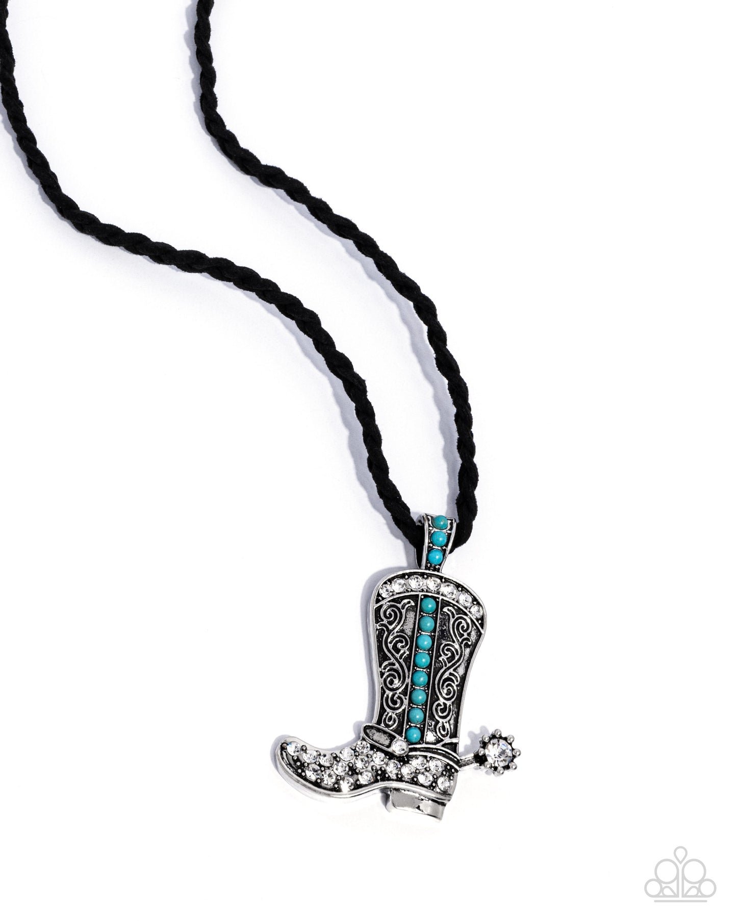 Stony Spur - Blue Crackle Stone Silver Cowboy Boot Black Leather Necklace - Paparazzi Accessories