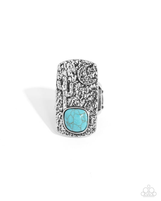 Desert Landscape - Blue Crackle Stone Silver Cactus & Moon Ring - Paparazzi Accessories