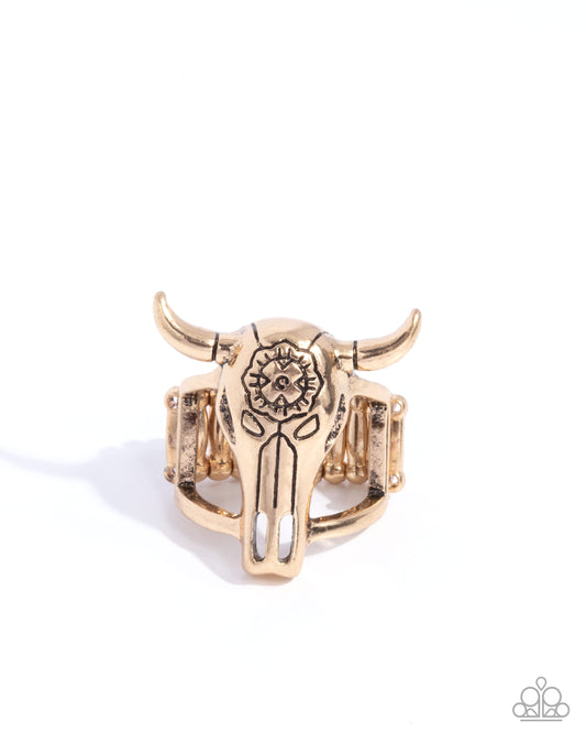 Whimsical Wildlife - Gold Longhorn Skull Ring - Paparazzi Accessories