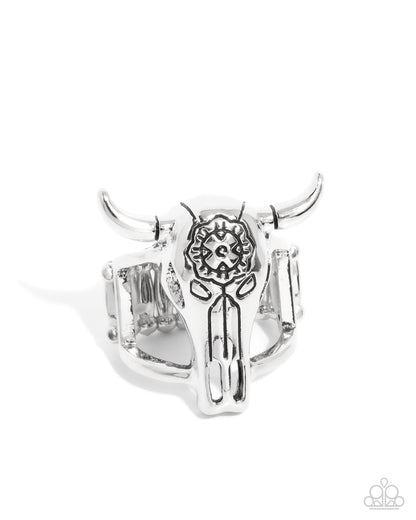 Whimsical Wildlife - Silver Cow Skull Ring - Paparazzi Accessories