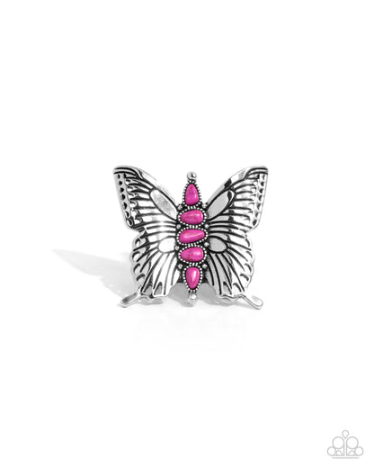Brash Butterfly - Pink Stone Silver Butterfly Ring - Paparazzi Accessories