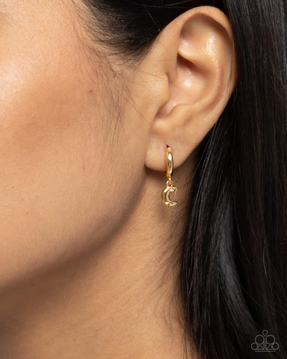 Lunar Language - Gold Crescent Moon and Star Hinge Hoop Earrings - Paparazzi Accessories