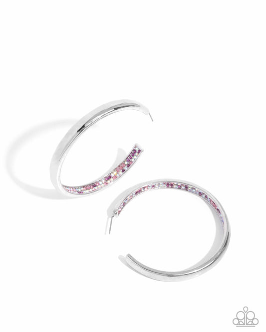 Proper Pizzazz - Pink Iridescent Rhinestone Silver Hoop Earrings - Paparazzi Accessories