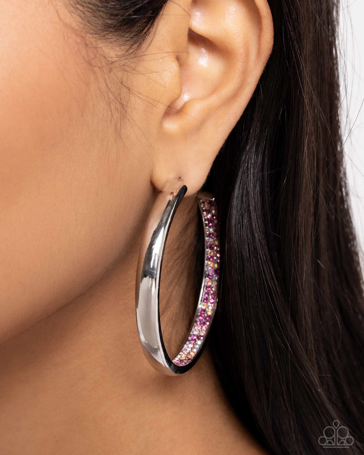 Proper Pizzazz - Pink Iridescent Rhinestone Silver Hoop Earrings - Paparazzi Accessories