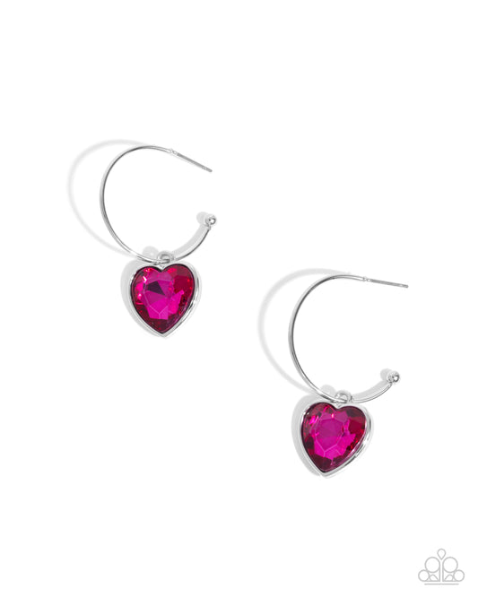 Diamond of the Night - Pink Gem Heart Drop Hoop Earrings - Paparazzi Accessories