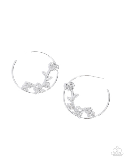 Blooming Benefit - Silver Rose Blooms Hoop Earrings - Paparazzi Accessories