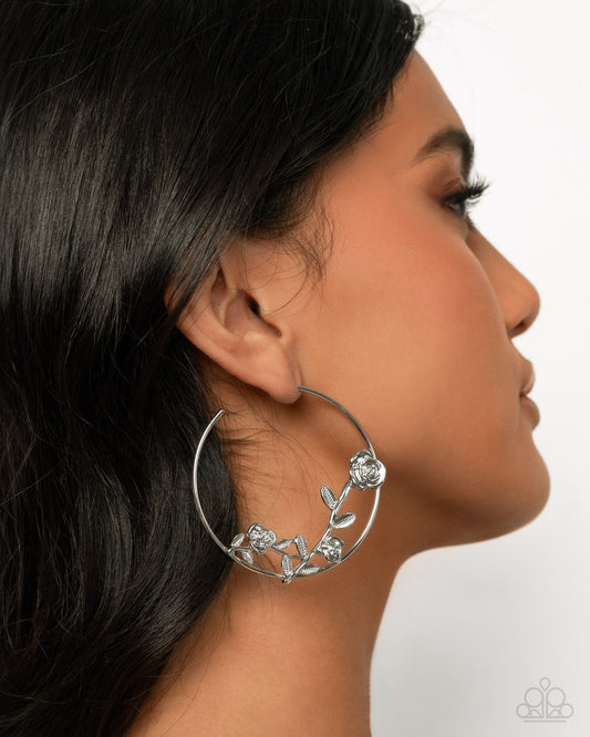 Blooming Benefit - Silver Rose Blooms Hoop Earrings - Paparazzi Accessories