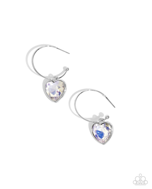 Diamond of the Night - White Gem Heart Drop Hoop Earrings - Paparazzi Accessories