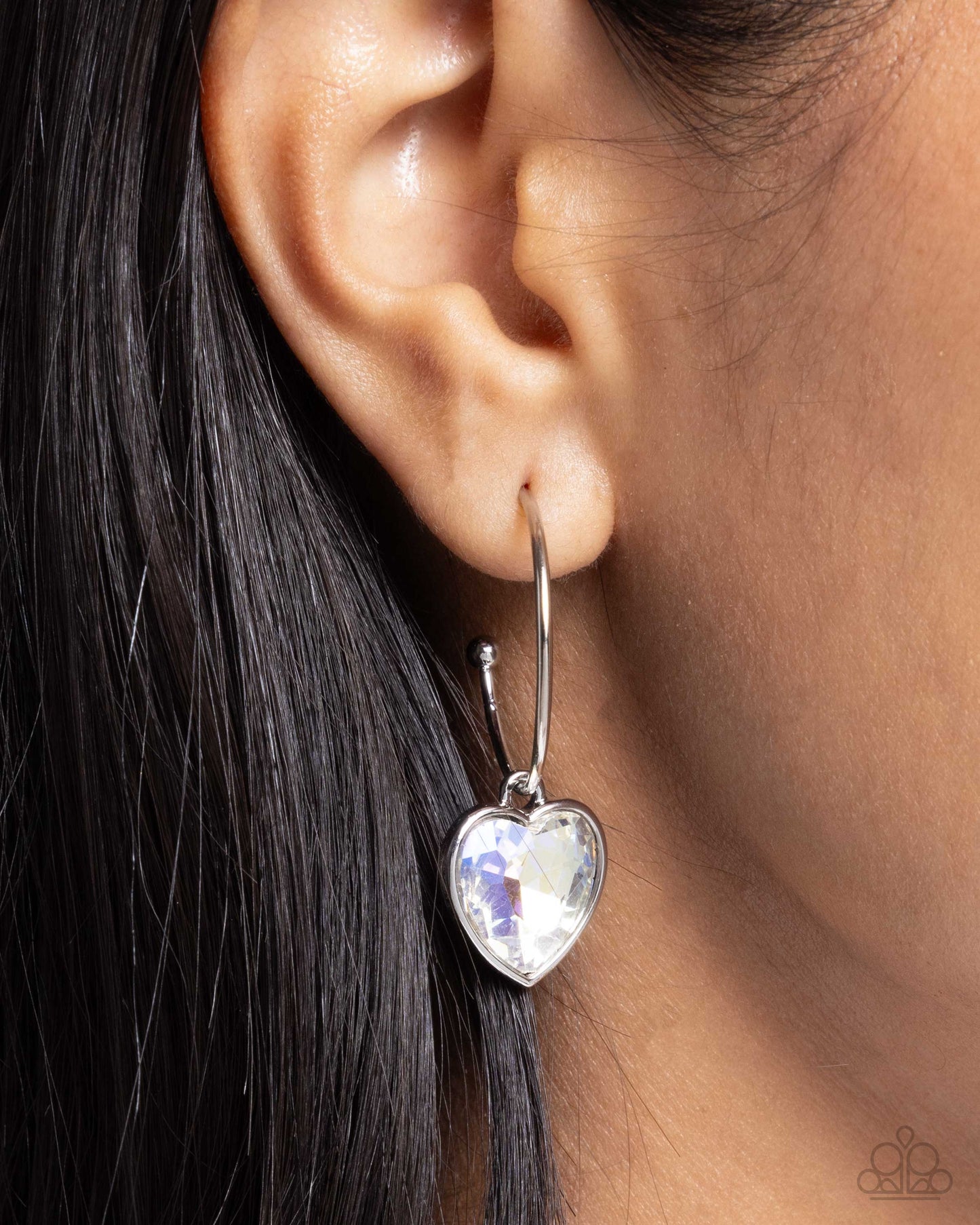 Diamond of the Night - White Gem Heart Drop Hoop Earrings - Paparazzi Accessories