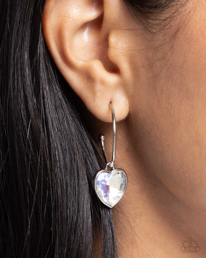 Diamond of the Night - White Gem Heart Drop Hoop Earrings - Paparazzi Accessories
