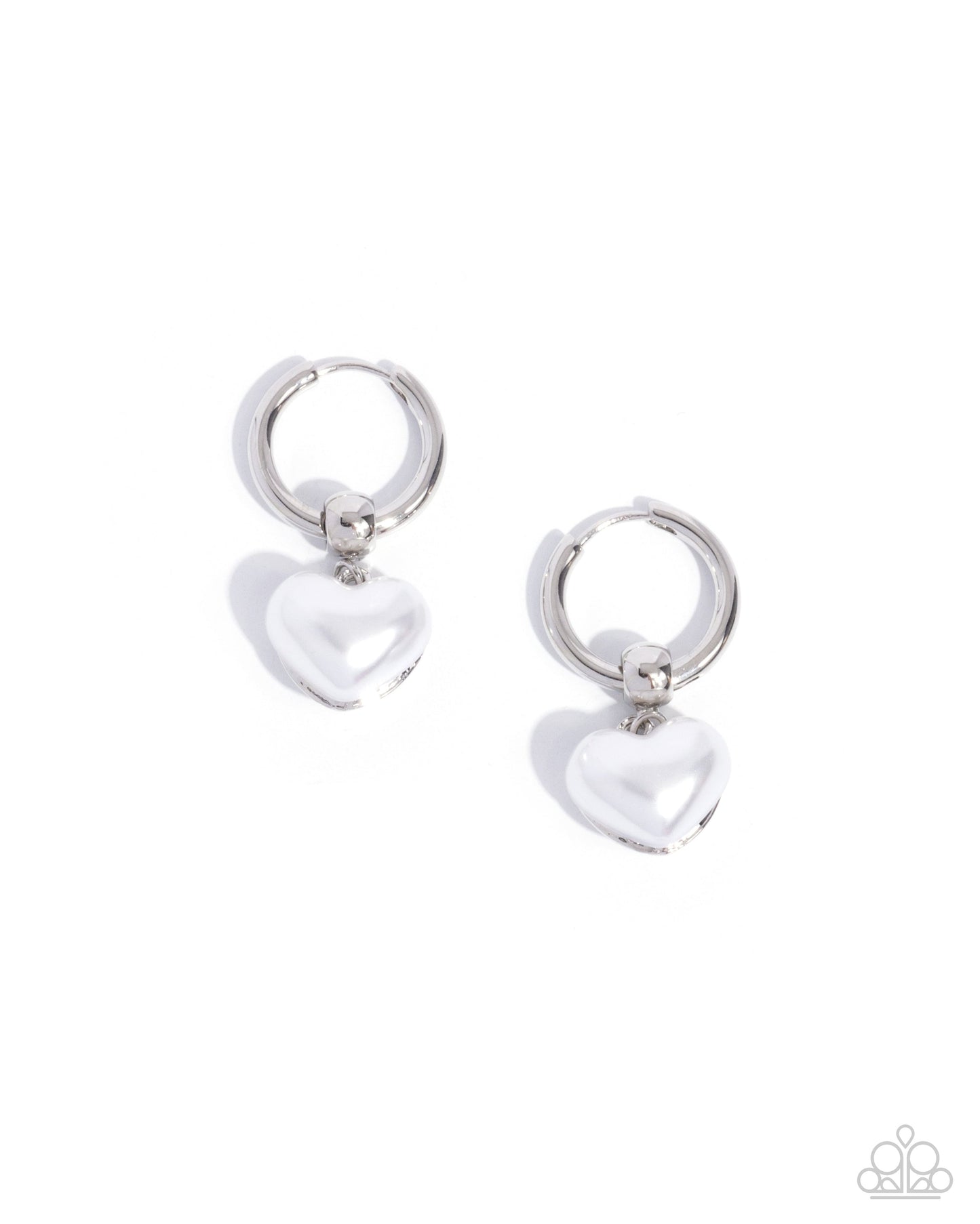 Carriage Chic - White Pearl Heart Silver Hinge Hoop Earrings - Paparazzi Accessories