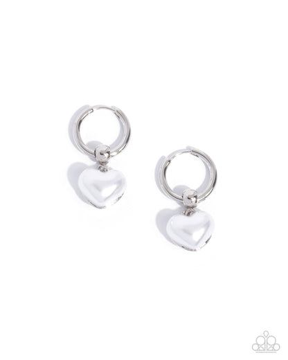 Carriage Chic - White Pearl Heart Silver Hinge Hoop Earrings - Paparazzi Accessories