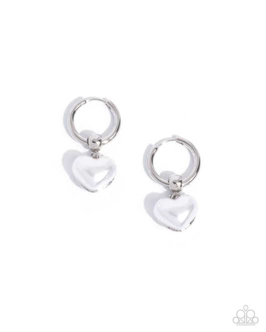 Carriage Chic - White Pearl Heart Silver Hinge Hoop Earrings - Paparazzi Accessories