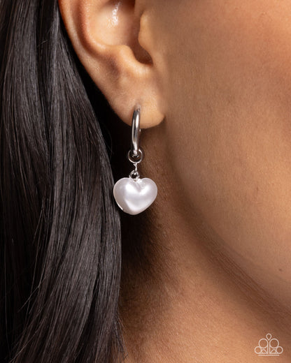 Carriage Chic - White Pearl Heart Silver Hinge Hoop Earrings - Paparazzi Accessories