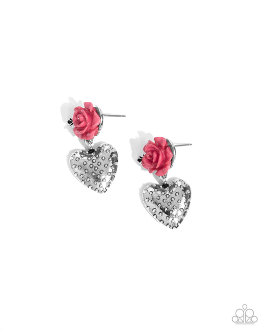 Girly Grade - Pink Painted Rose Post Silver Heart Earrings - Paparazzi Accessories