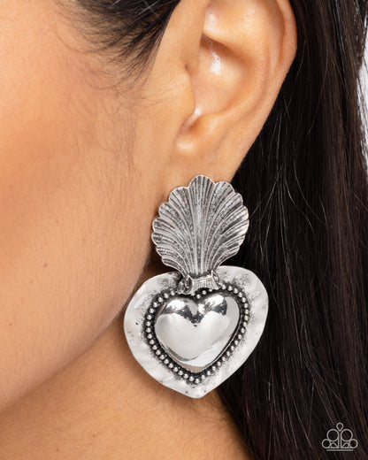 Mythical Moment - Silver Heart Post Earrings - Paparazzi Accessories