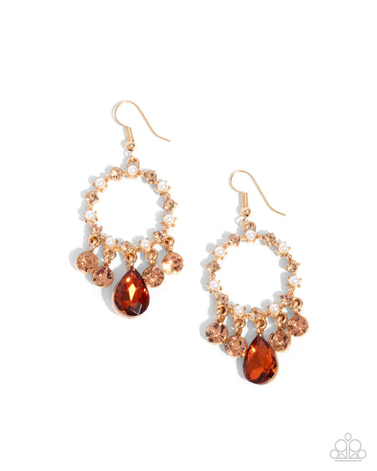 Regency Radiance - Brown Rhinestone, White Pearl, Gold Fishhook Earrings - Paparazzi Accessories