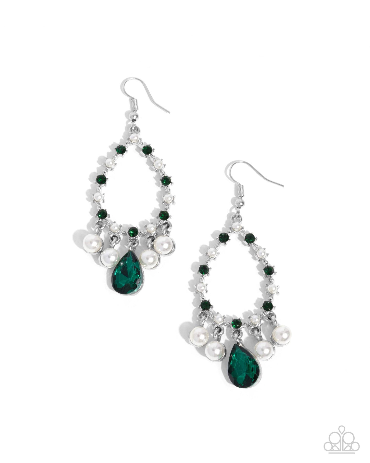 Baroness Behavior - Green Rhinestone Silver Fishhook Earrings - Paparazzi Accessories
