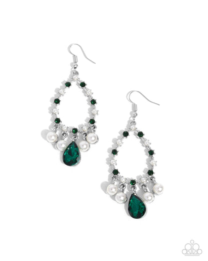 Baroness Behavior - Green Rhinestone Silver Fishhook Earrings - Paparazzi Accessories