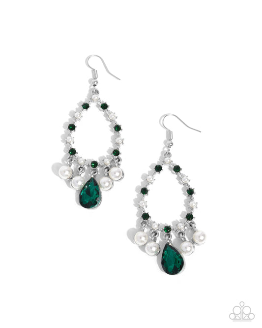 Baroness Behavior - Green Rhinestone Silver Fishhook Earrings - Paparazzi Accessories