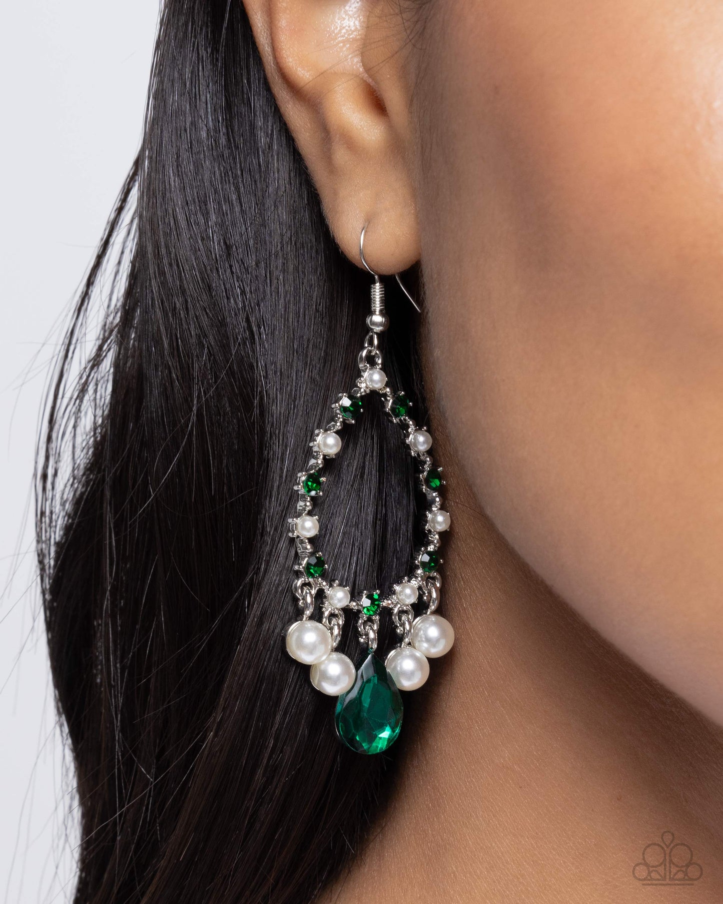 Baroness Behavior - Green Rhinestone Silver Fishhook Earrings - Paparazzi Accessories