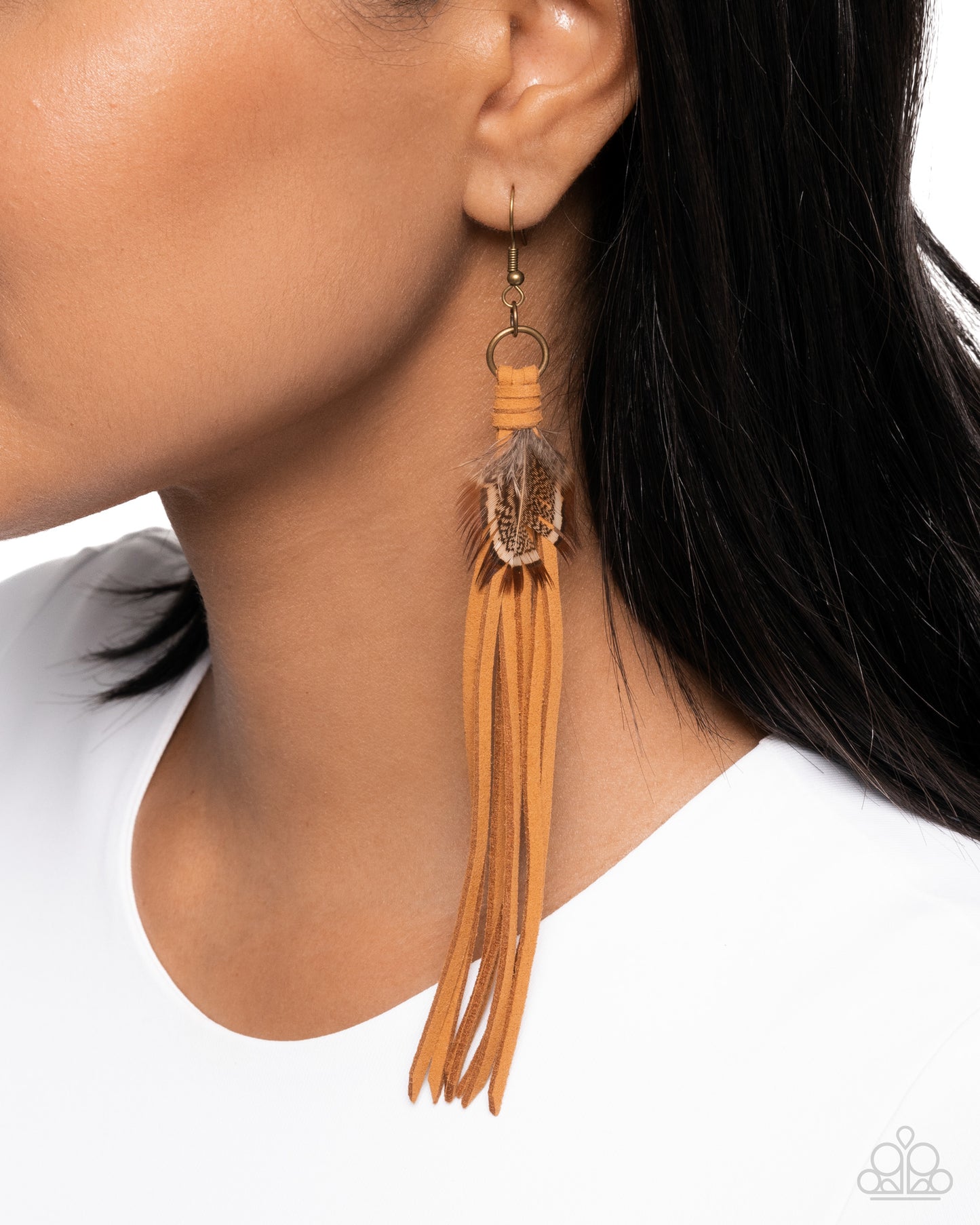 Feathered Festivity - Brass, Feather, & Suede Fishhook Earrings - Paparazzi Accessories