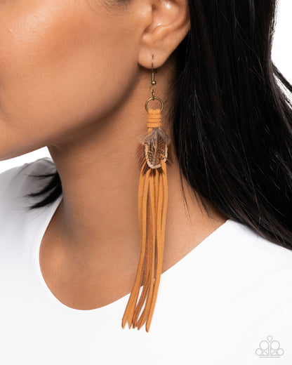 Feathered Festivity - Brass, Feather, & Suede Fishhook Earrings - Paparazzi Accessories