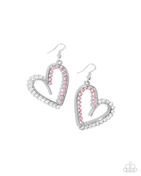 Tender Tendency - Pink and White Rhinestone, Silver Heart Earrings - Paparazzi Accessories